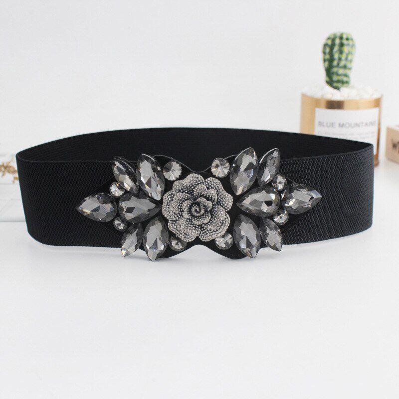 Women Belts Luxury Brand Rose Rhinestone Inlaid Elastic Belt Ladies Dress Down Jacket Decorated with Black Girdle butterfly