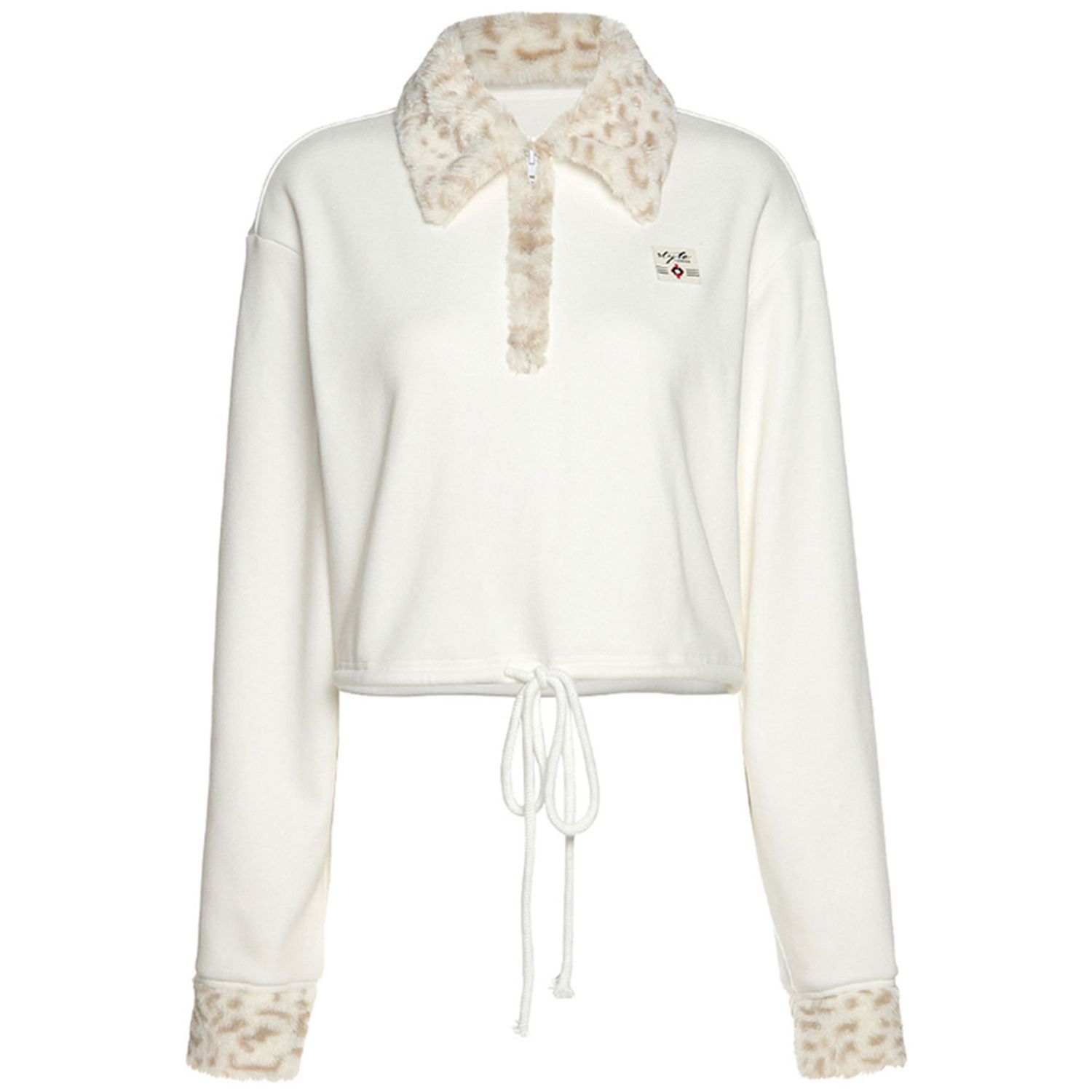 Women's Drawstring Crop Tops, Trendy Long Sleeve Half Zip Faux Fur Lapel Cuffs Sweatshirts