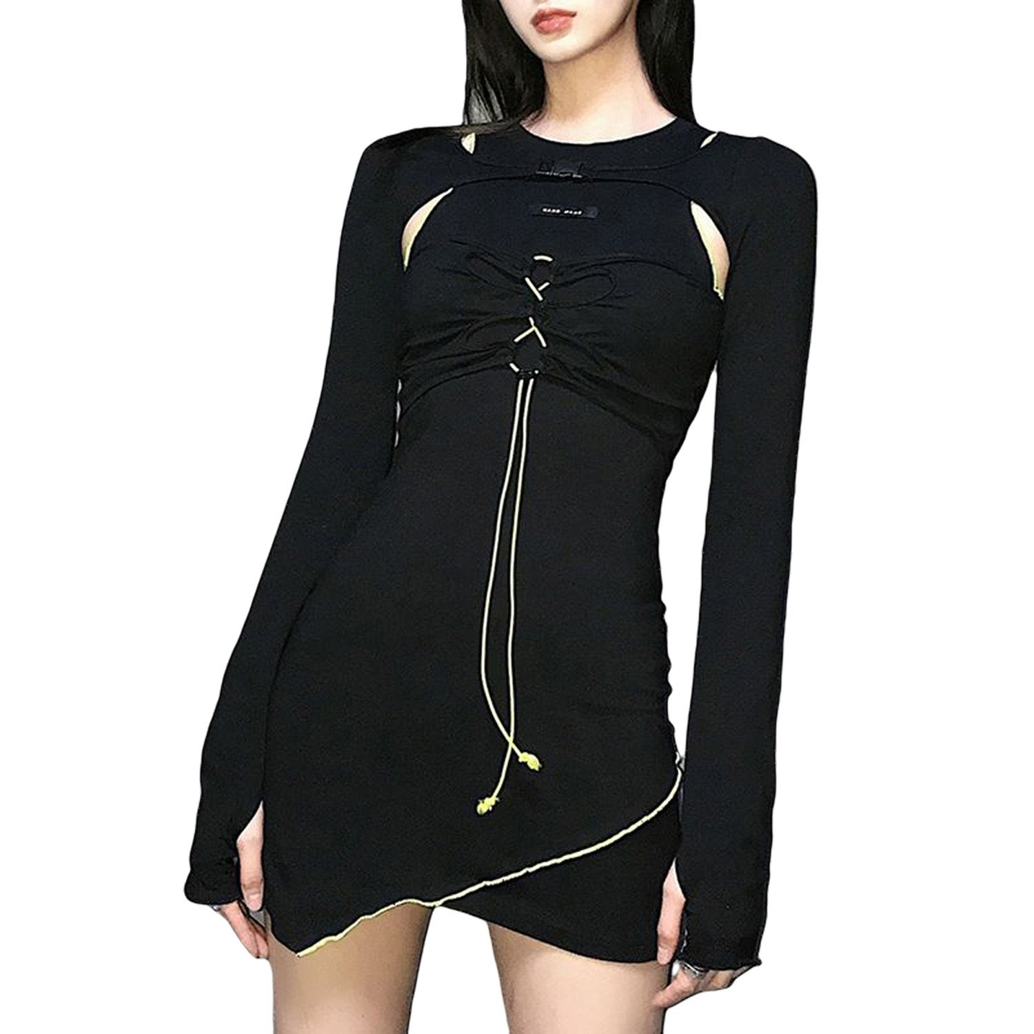 Fashionable Women Tight One-piece Dress, Long Sleeve Round Neck Cross Strap Fitted Waist Irregular Edge Skirt