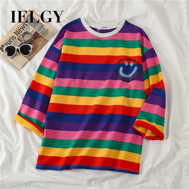 IELGY Loose rainbow striped Hong Kong flavored chic shirt long sleeve t-shirt female