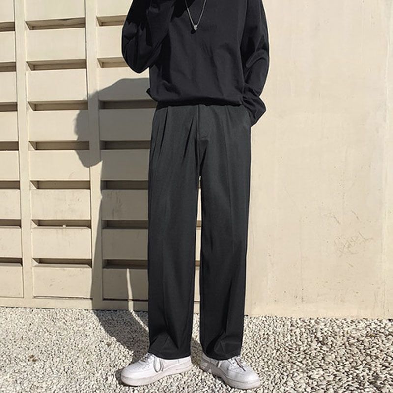 Solid Men Casual Pants Pleated Pockets Mens Fashion Clothing Mopping Hong Kong Style Zipper Fly Spring Trousers Loose Bottom