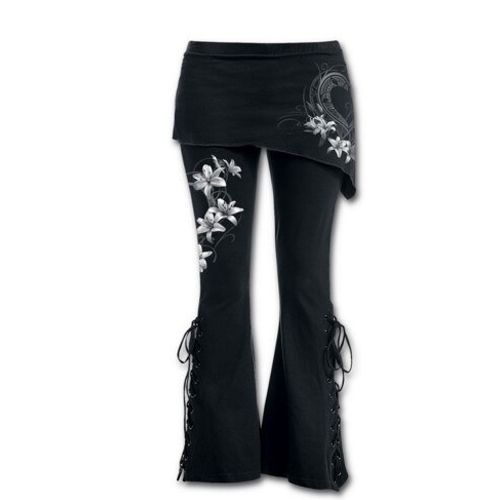 Women Plus Size Trousers Fashion Flower Printed bandage Stretch Large 4/5 Flare Pants Cotton Blends Pants Black