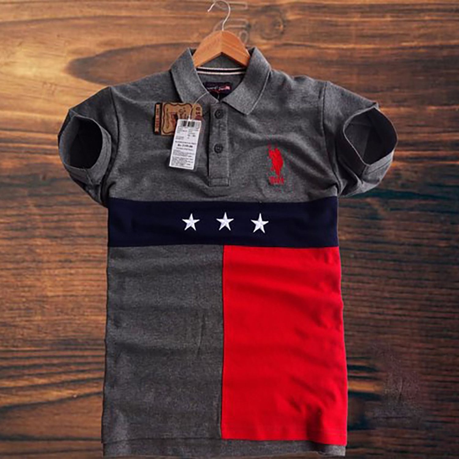 Premium Quality Grey and Red Color Star Polo Shirt For Men by _ Green Stitch BD