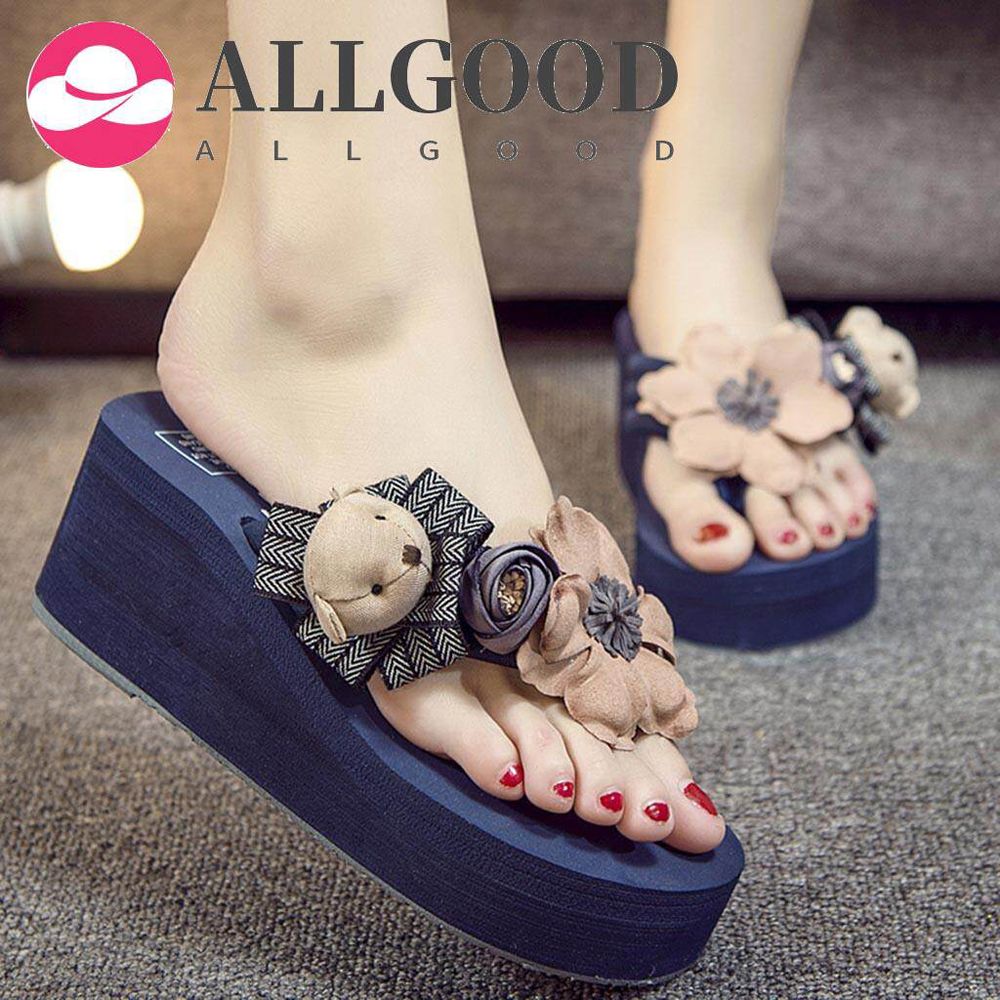 Women Girls Cartoon Floral Wedges Flip Flops Sandals Slippers Beach Shoes