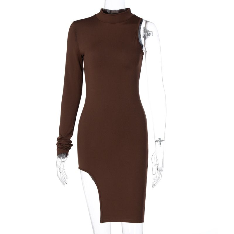 Dulzura solid women mini dress one shoulder long sleeve turtleneck bodycon slit  streetwear party elegant 2020 autumn winter