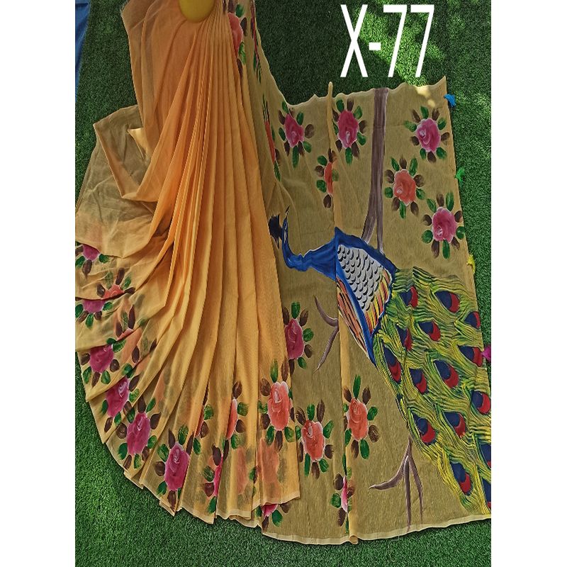 Multi color Muslin Silk Hand Print 12 Hand Saree for Women