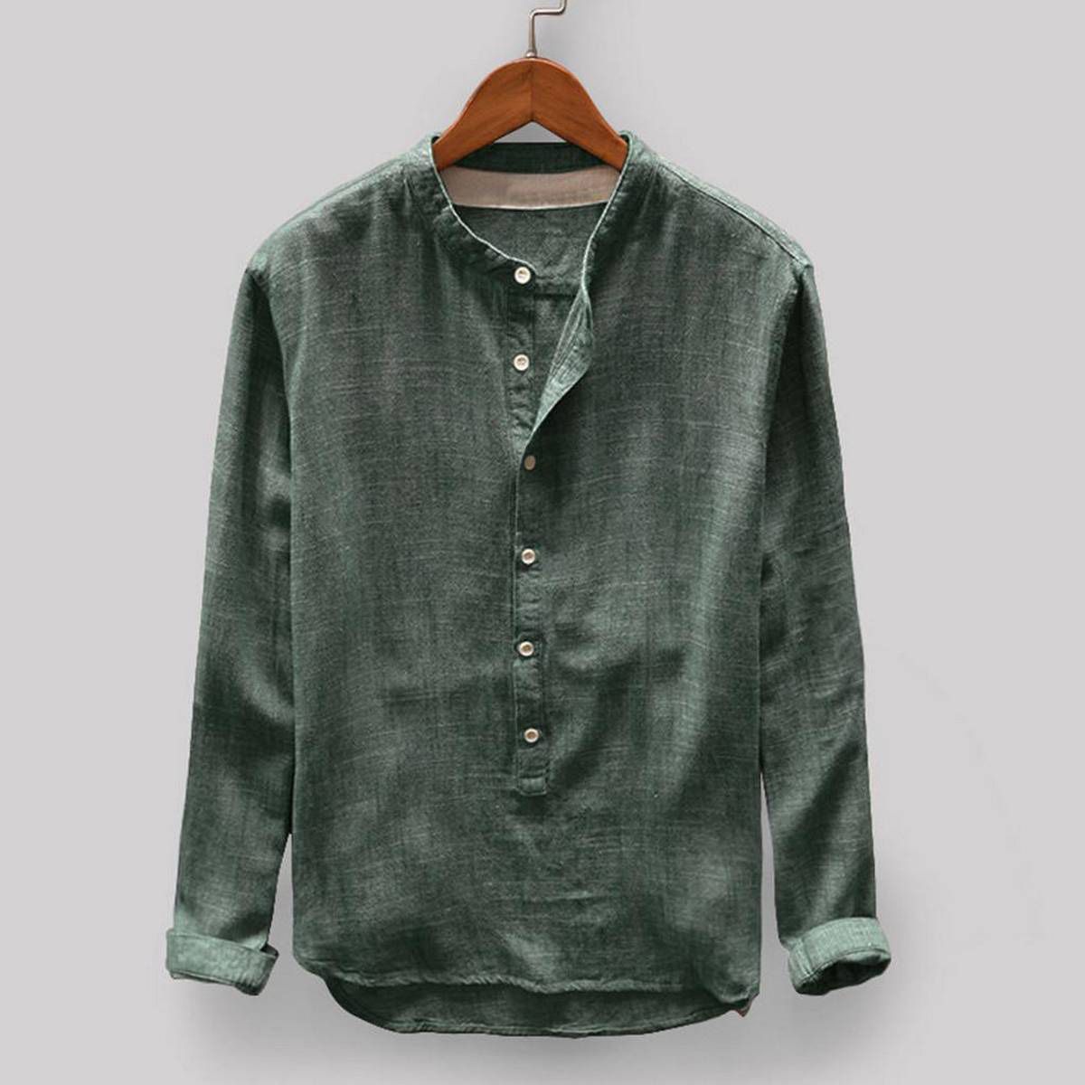 Fashion Mens Autumn Winter Button Casual Linen and Cotton Long Sleeve Top Blouse