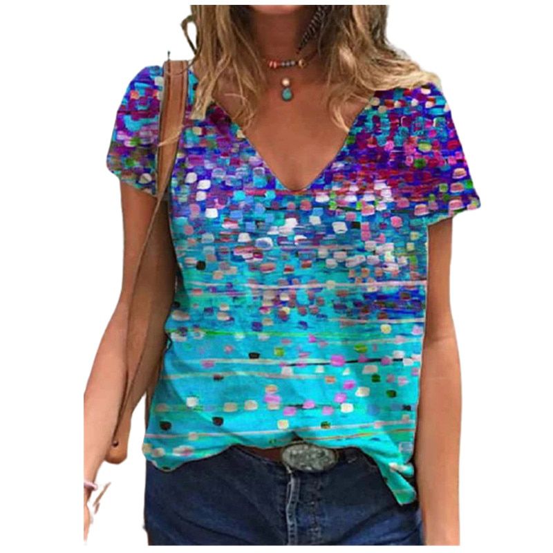 New 2021 Summer T Shirts Women V-Neck 3D Gradient Tops Ladies Casual Short Sleeve Fashion Tee Clothes Gradient Rainbow T Shirt