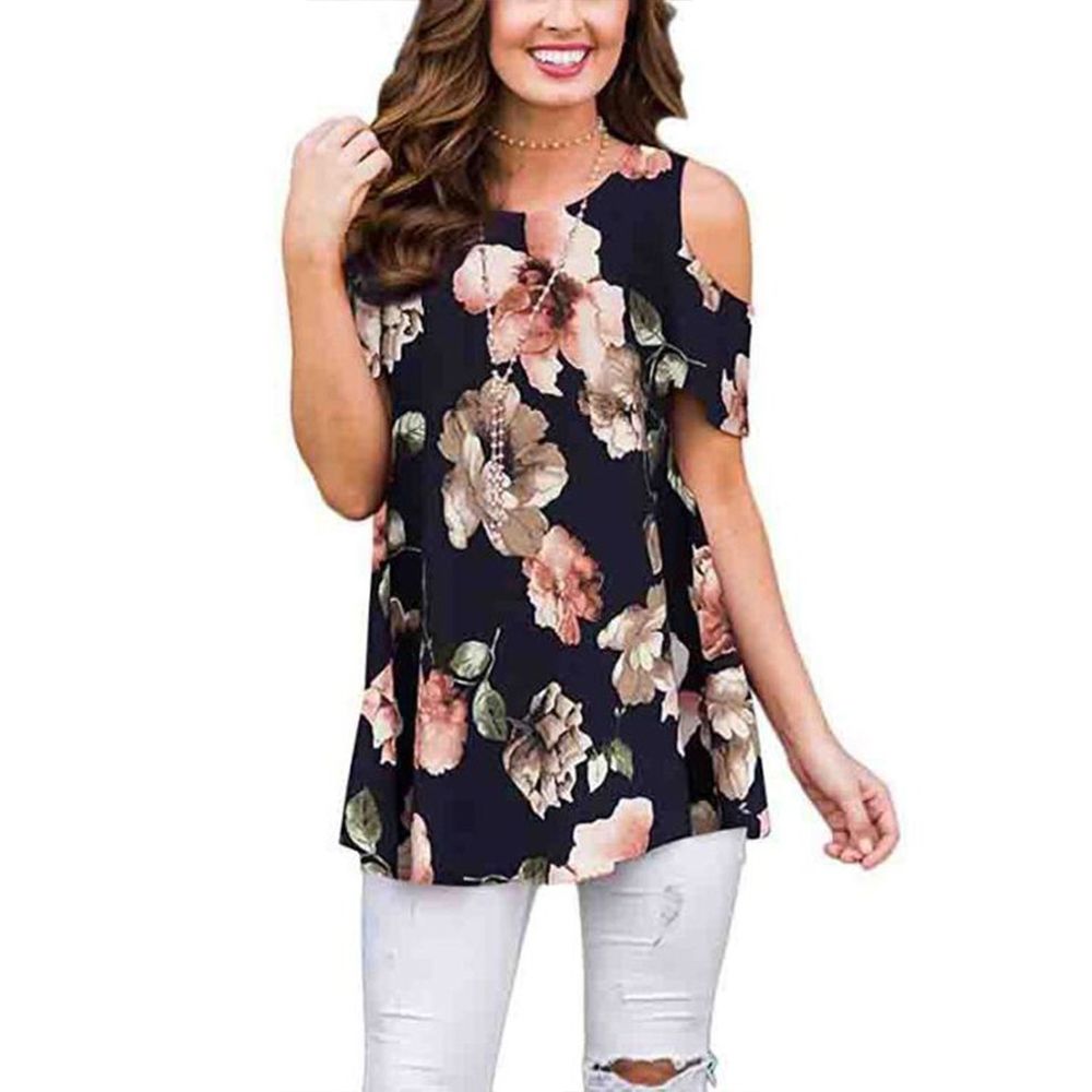 Women Floral Print Round Neck Tunic Blouse Off-the-shoulder Print Top