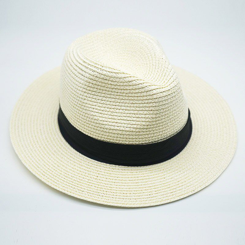 Hot Beige White Mens Summer Casual Unisex Jazz Sun Hat Paper Straw Women Men Cap Large Panama Hat Black Ribbon