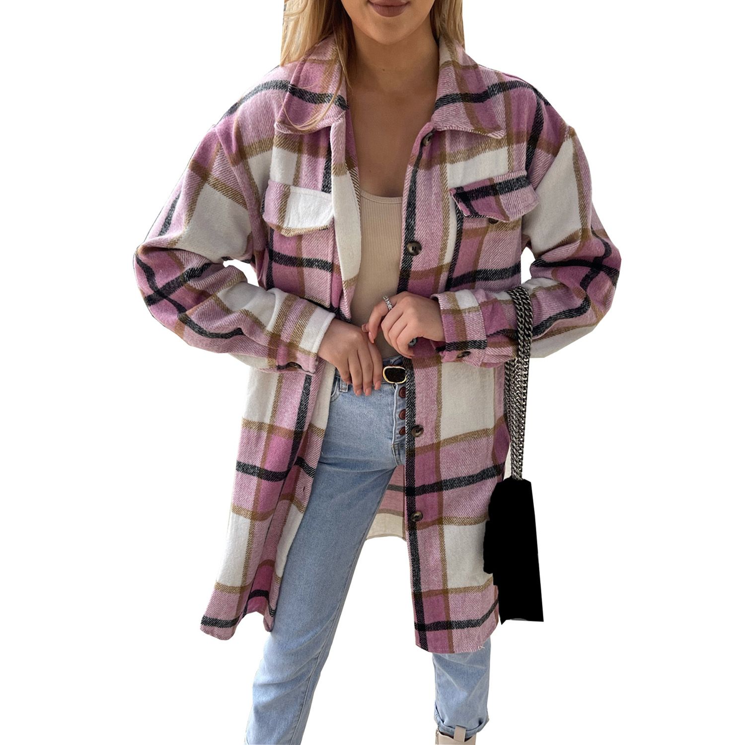 Women Button-down Shirt, Adults Irregular Plaid Print Long Sleeve Lapel Outerwear with Flap Pockets