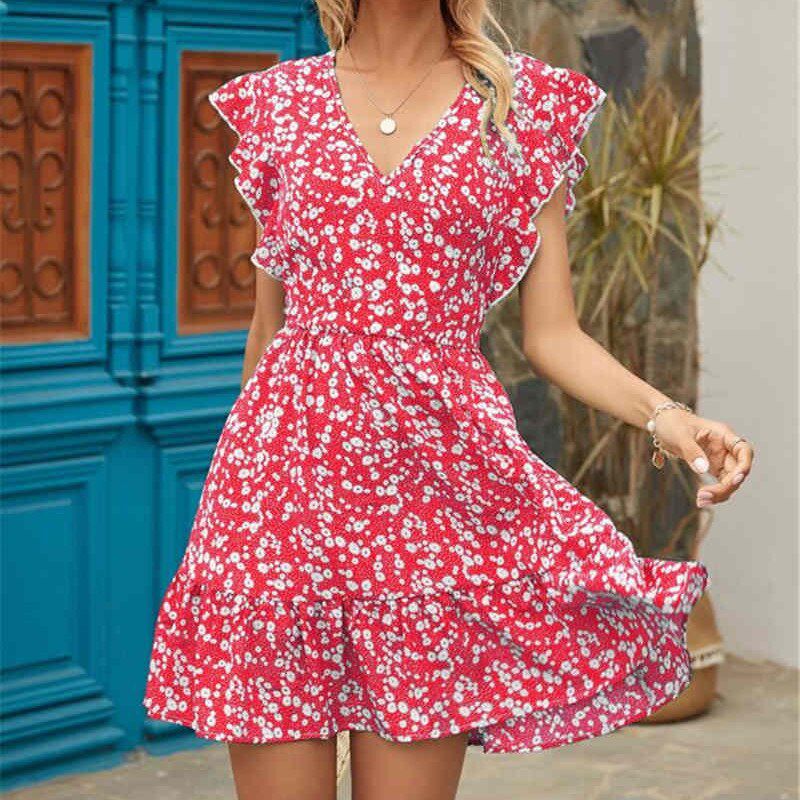 hiri2021 Women Dress Boho Floral Ruffle Short Mini Dress Summer Knot Sexy V-Neck Party Holiday Dress Femme vestido de mujer