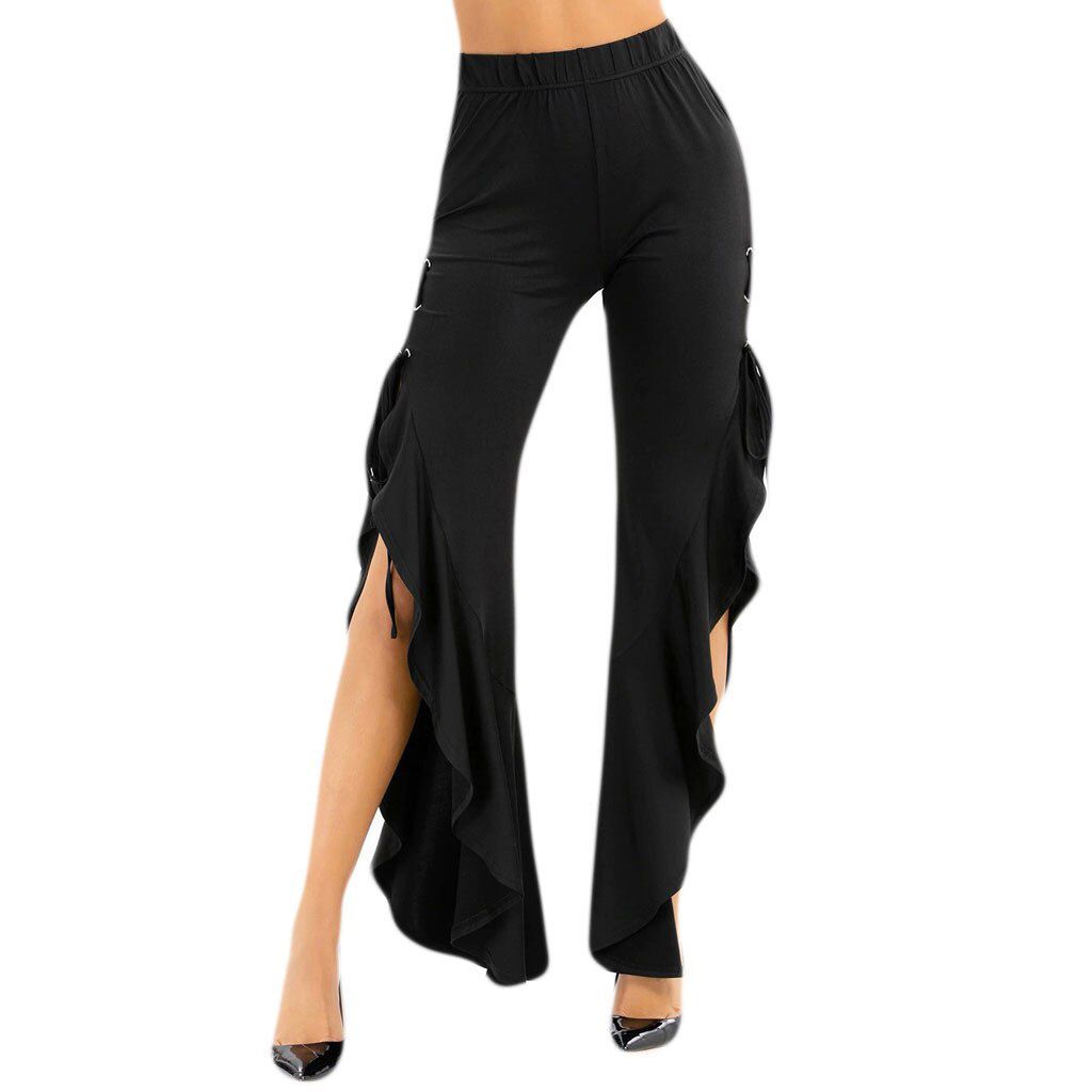Womens Fashion High Waist Pants Ladies Black Evening Party Wear Casual Pants Long Trousers Side Slit Flared Bell Bottom Pants