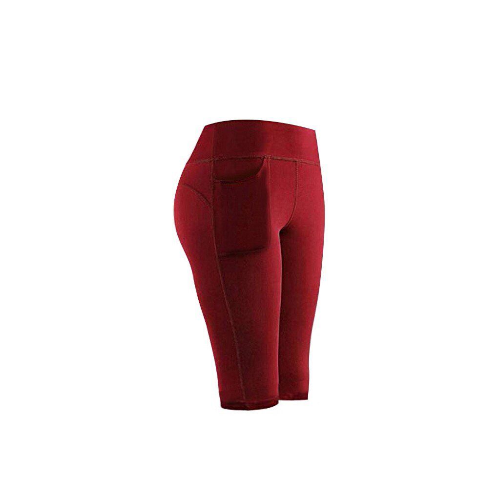 Women Solid Gym Shorts High Waist Tight Cycling Sports Leggings With Phone Pocket Jogging Running Fitness Yoga Short Pant #T2P