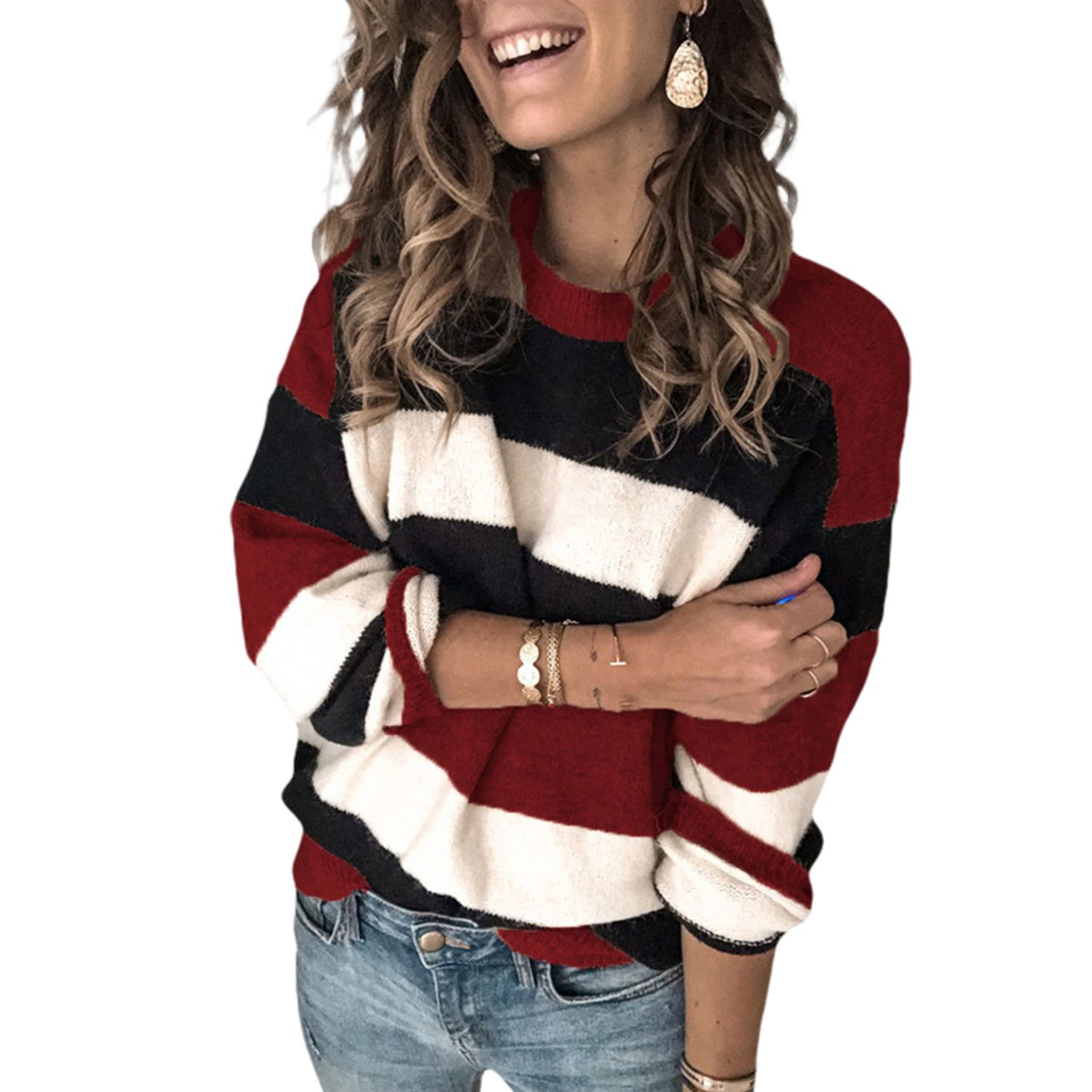 Women Color Block Sweater, Autumn and Winter Casual Style Long Sleeve Round Neck Striped Pullover