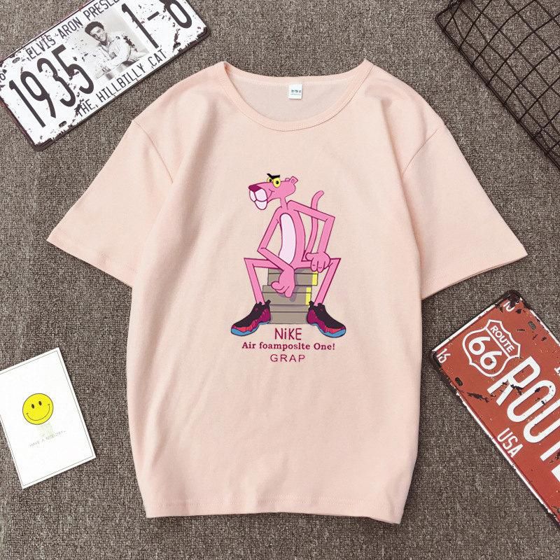 Korean Fashion Pink Leopard Short Sleeve T-Shirt Female Summer Couple Dress Ulzzang Plus Size Loose Cartoon Pink Leopard Half Sleeve
