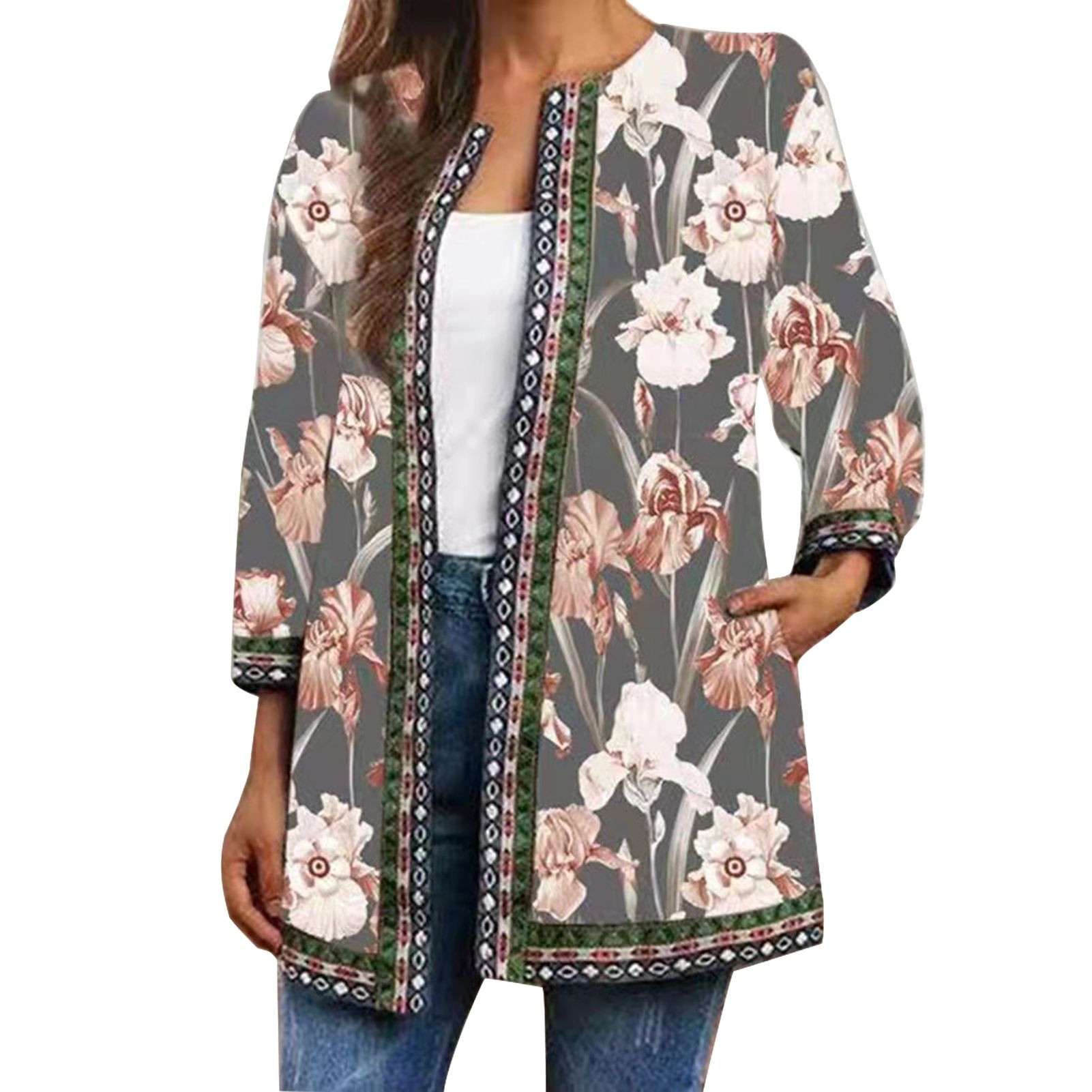 Women Cardigan Coat Long Sleeve Loose-fitting Round Neck Coat