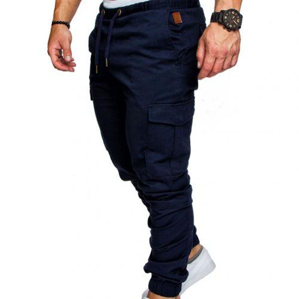 Fashion Men Casual Solid Colorckets Waist Drawstring Ankle Tied Skinny Cargo Pants Streetwear Pants for Men Slim Trousers