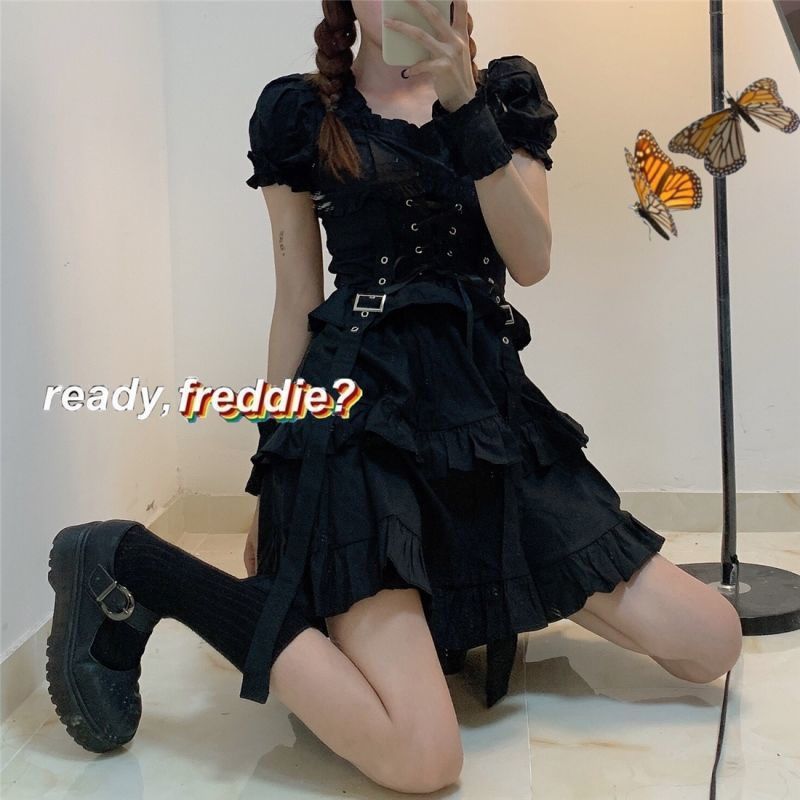 QWEEK Women's Gothic Lolita Dress Gothic PuMall Goth Kawaii Cute Ruffle Bandage Black Mini Dress 2021 Emo Clothes Summer