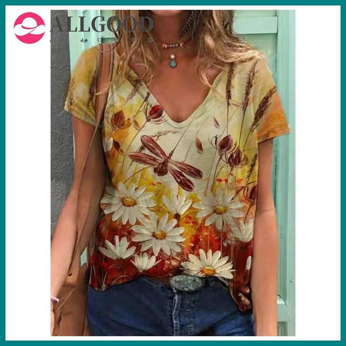 3D Floral Print Women T Shirt  Boho Short Sleeve V-Neck Tops Casual Streetwear Plus Size Loose Lady Tee  New Summer Clothes