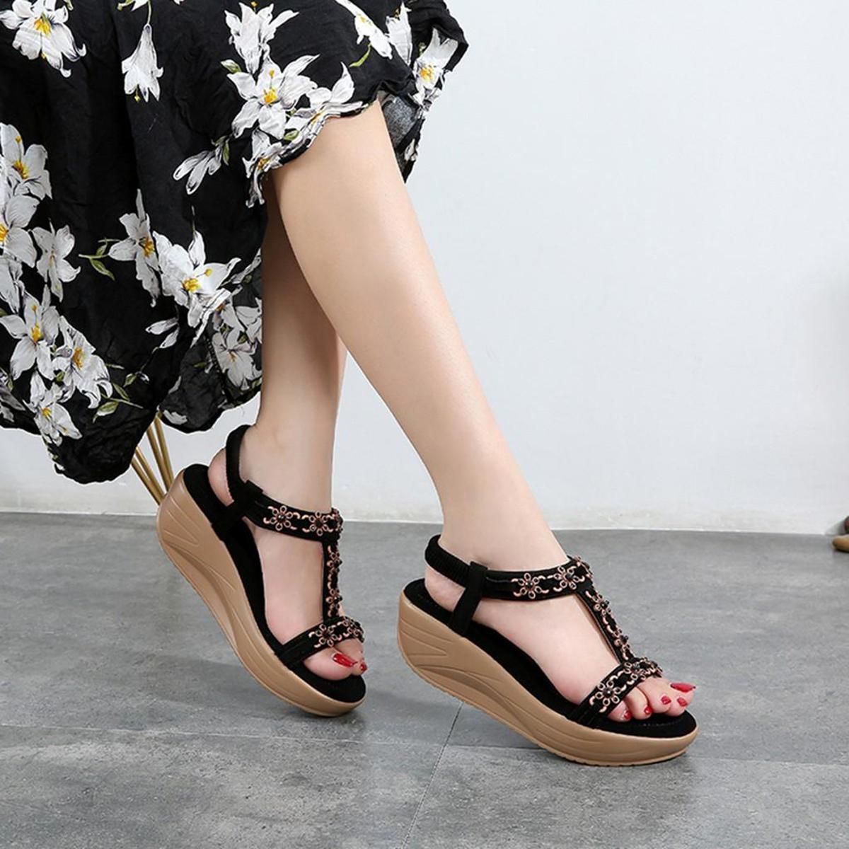 Bohemia WomenLadiesCrystal Wedges Sandals Beach Flops Flip Casual Shoes