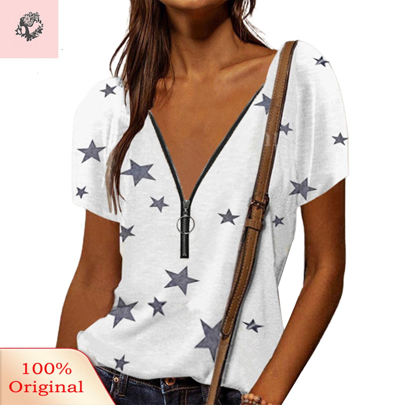 Sunnyheart Women T-shirt V-neck Pentagram Print Zipper Neck Summer Top