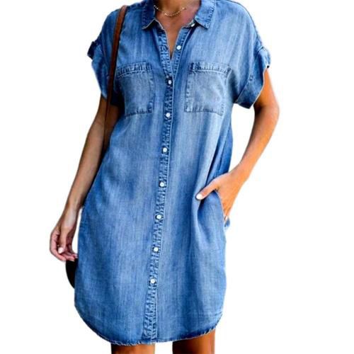 Women Short Sleeve Pockets Single-ed Irregular Hem Knee-length Loose Dress Polyester Women Summer Dress Lady Dress