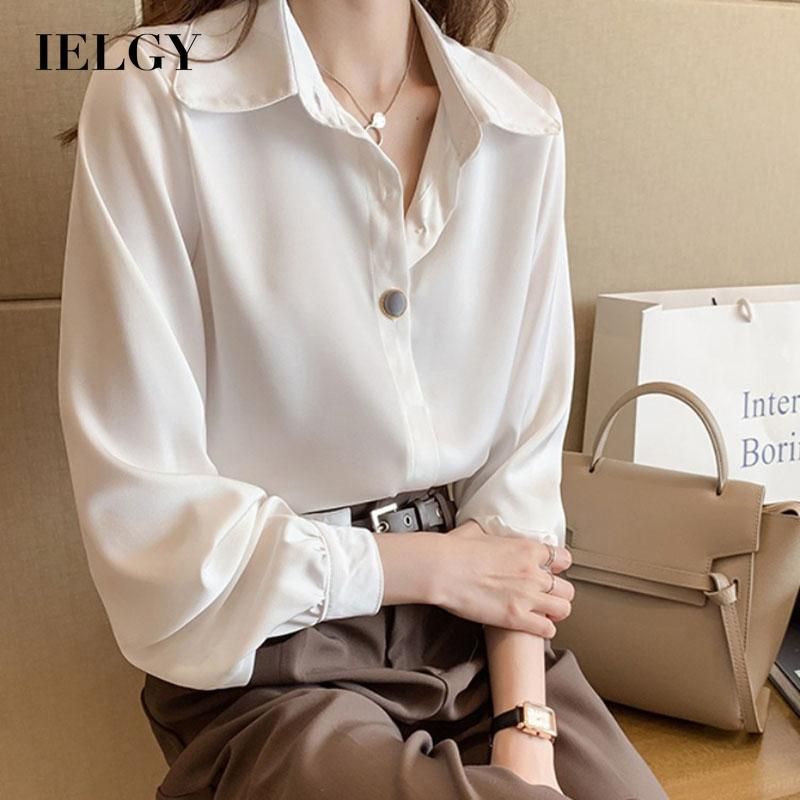 IELGY Women's clothes fashionable tops black loose shirts versatile simple long sleeves chiffon