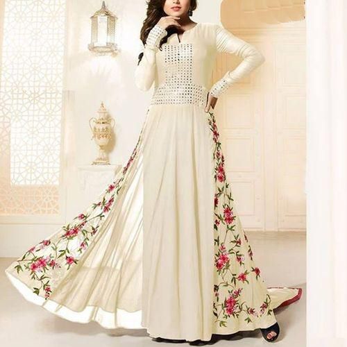 Cream Semi-Stitched Georgette Gown For Women