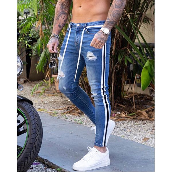 Men's Skinny Ripped Jeans, Destroyed Fashion Comfy Stretch Stripe Trim Denim Pants