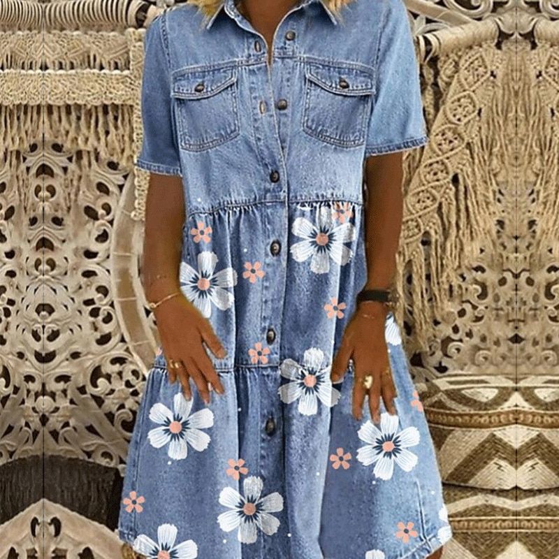 Summer Floral Print Dress Women 2021 Casual Button Up Pocket Blue Short Sleeve Maxi Dresses Plus Size Long Dresses Vestidos 5XL