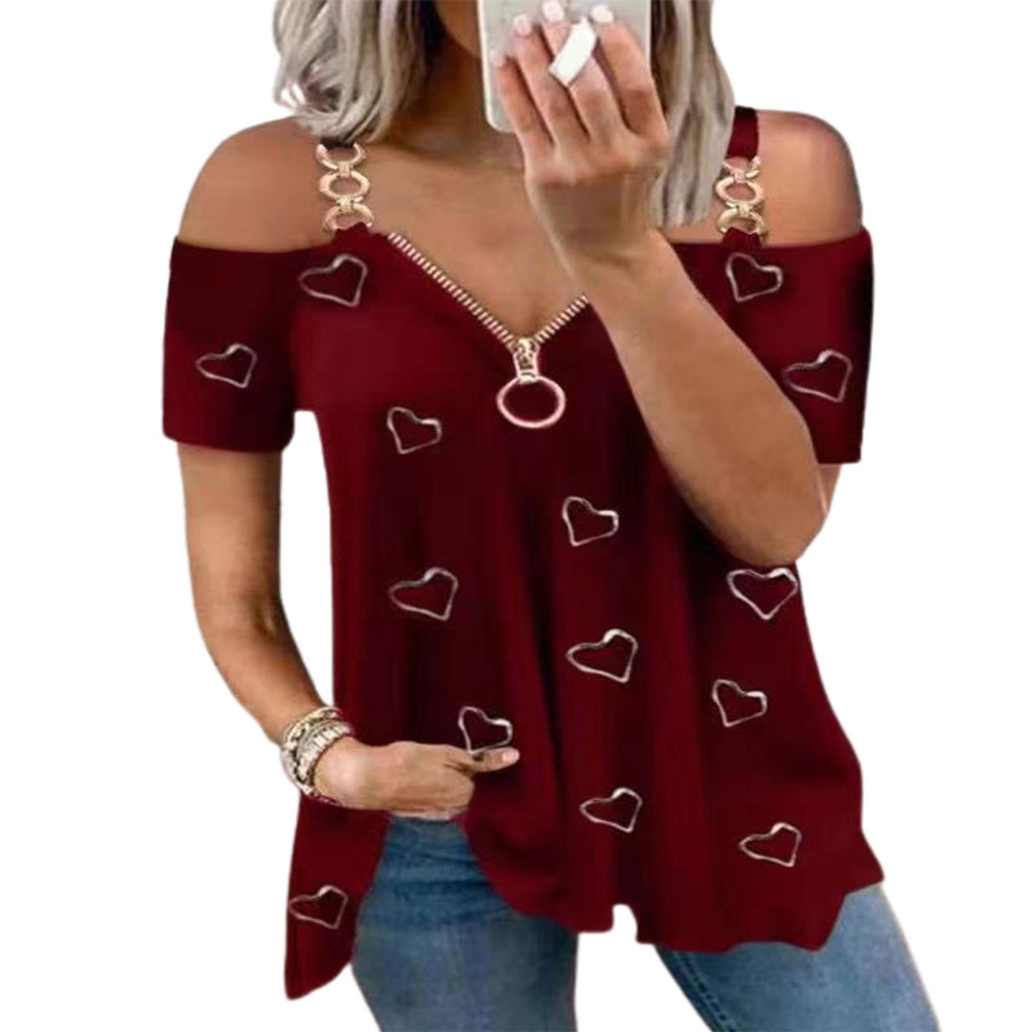 Women Pullover Heart Print Tament Loose-fitting T-shirt Top