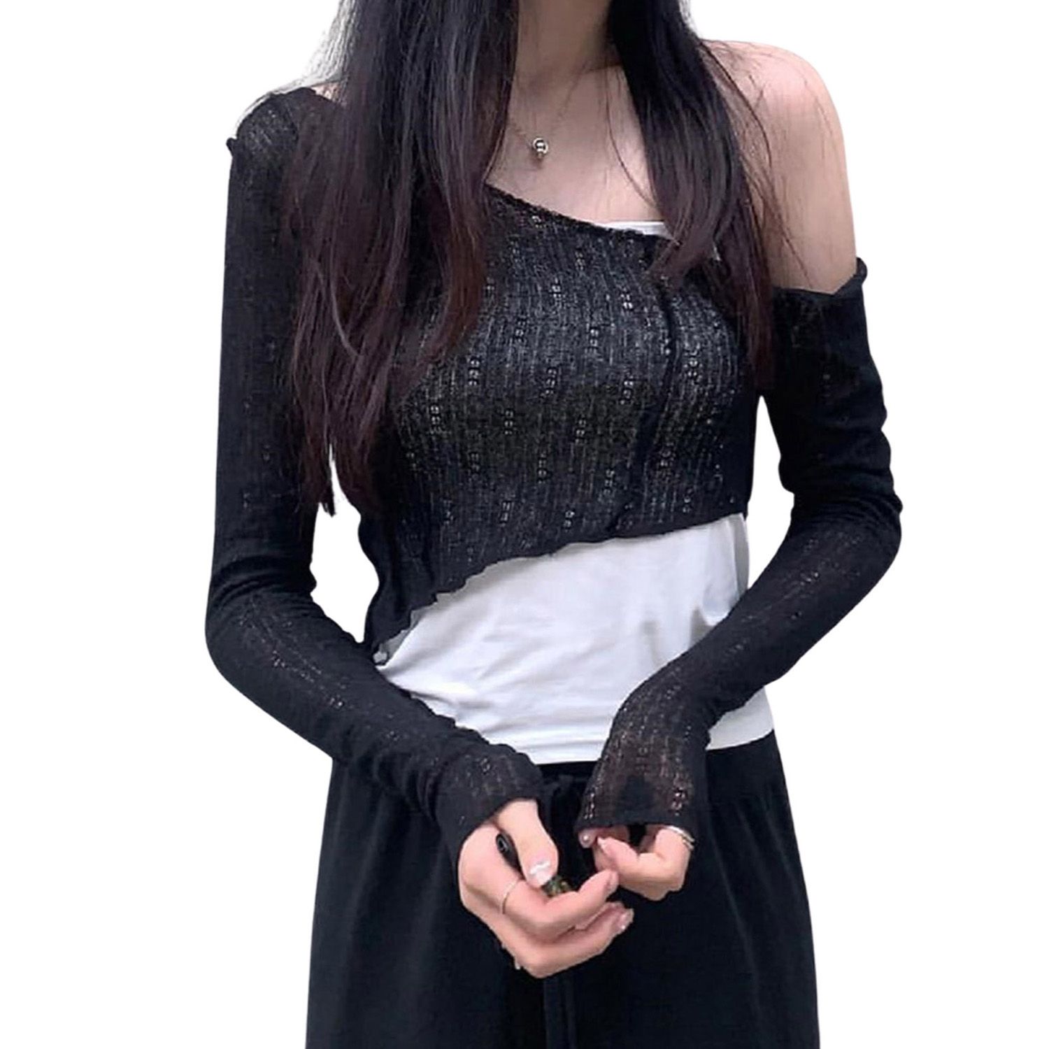 Women One-shoulder T-shirt, Adults Irregular See-through Solid Color Long Sleeve Knit Crop Tops