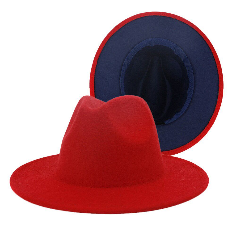 FS 60CM Hat Red Yellow Patchwork Unisex Panama Wool Felt Fedora Hats Women Men Wide Brim Party Trilby Jazz