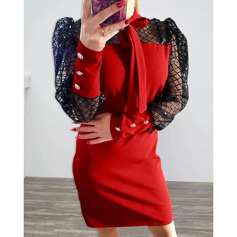 Autumn Spring Ladies Stylish Mesh Splicing Long Sleeve Short Skirt Women Grids Sequins Decoration Tie Neck Sexy Mini Dress