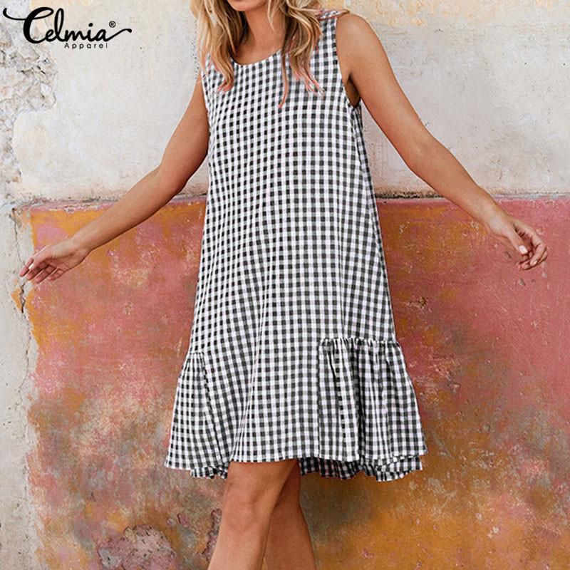 Women Sleevss Mini Sundress Club Party Beach Plaid Swing Plus Size Vest Dress