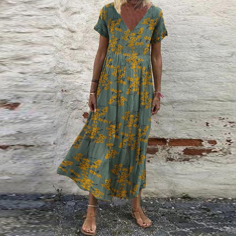 ZANZEA Summer Women Sundress Bohemian Floral Print Beach Maxi Dress Vintage V Neck Short Sleeve Oversized Dresses Kaftan Vestido