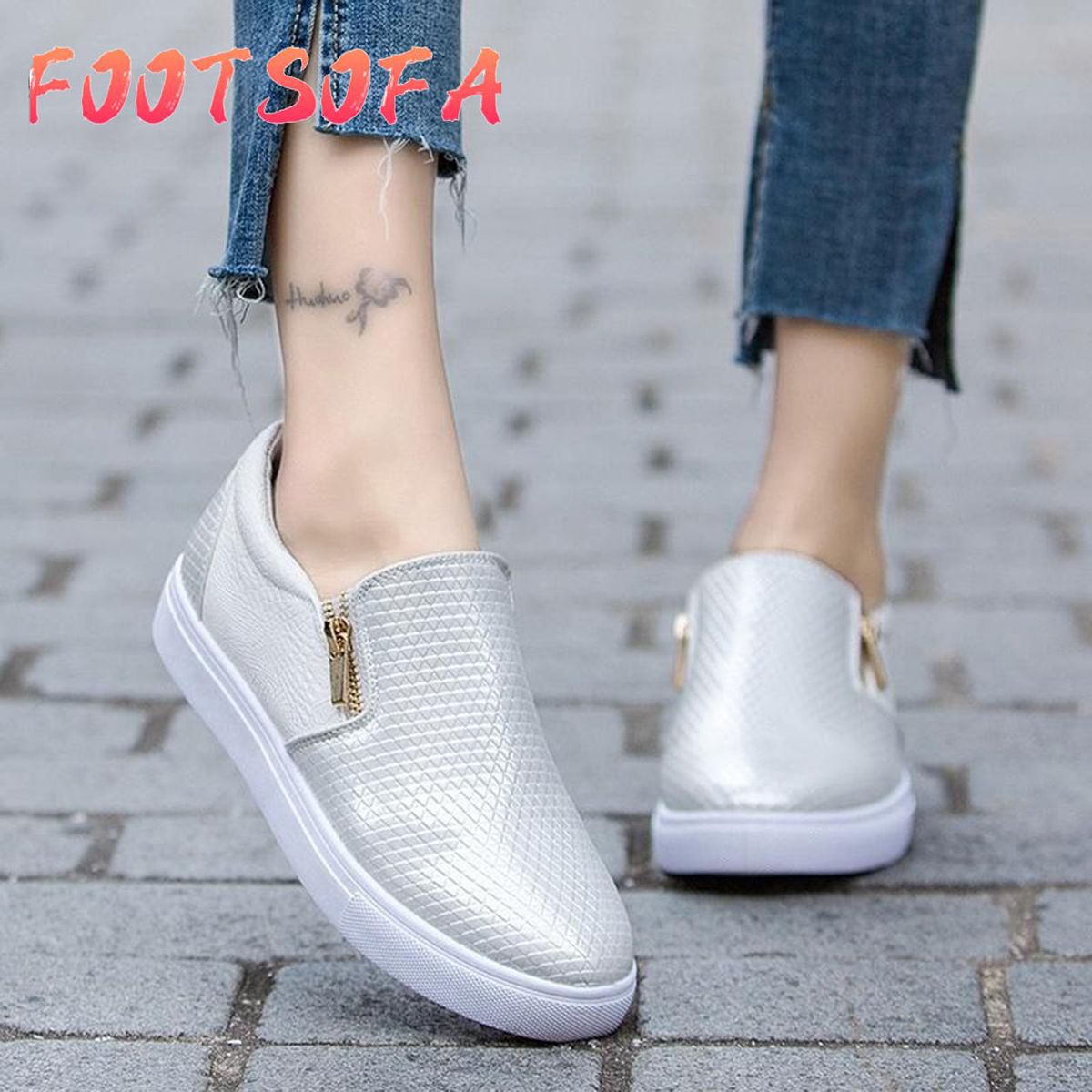 Women Fashion Zipper Lazy Snakeskin Casual Shoes Spring Solid Color Waterproof Leather Shoes