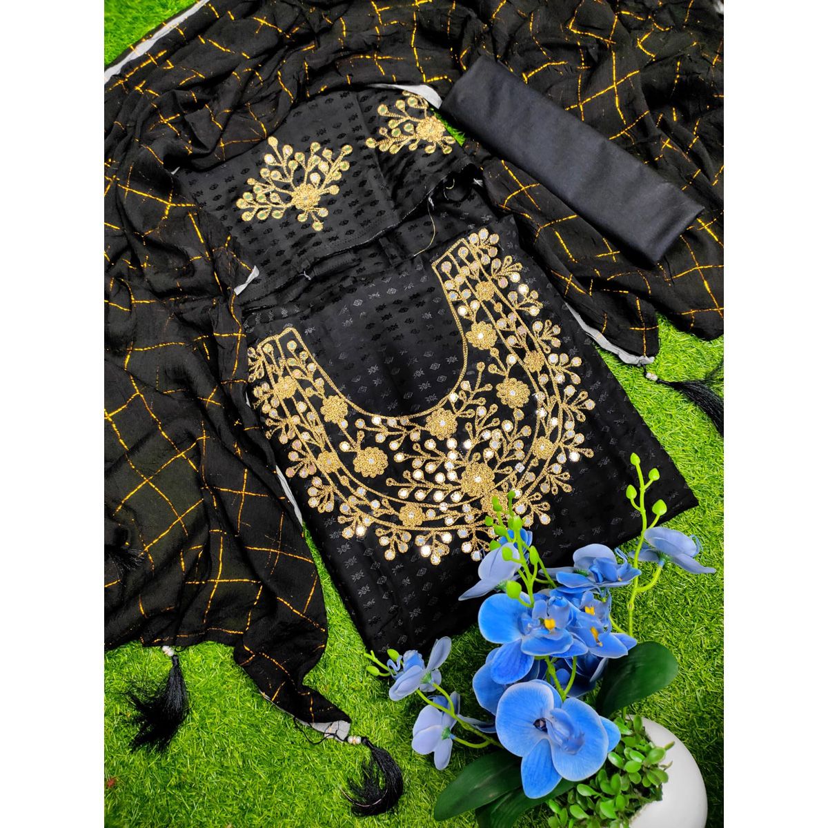 New Indian Unstiched Fashionable Embroidery Desing Ari Doller Work Reon Cotton Three Peice For Women ( 3 Piece )