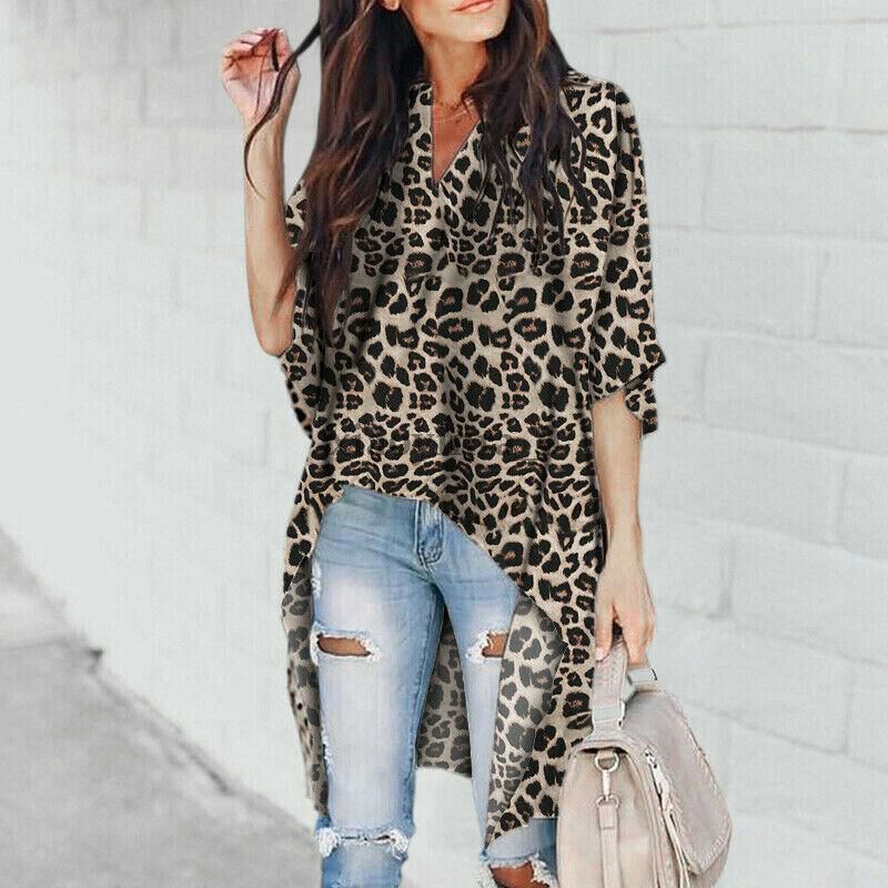 Women Leopard Blouse Irregular Hem Blouses Casual Tunic Tops Long Shirt Tops and Blouse V-Neck Loose Shirts blusas chemise femme
