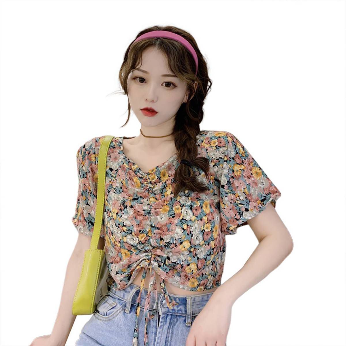 Women Chiffon Floral Drawstring V Neck Crop Top Short Sleeve T-shirt