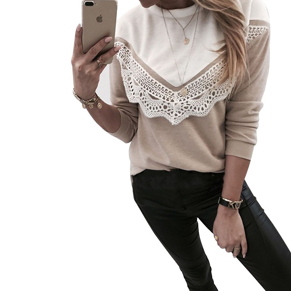 Autumn Winter Ladies Sexy Lace Top Women Long-sleeved Round Neck Splicing Top Coat Female Casual Clothing