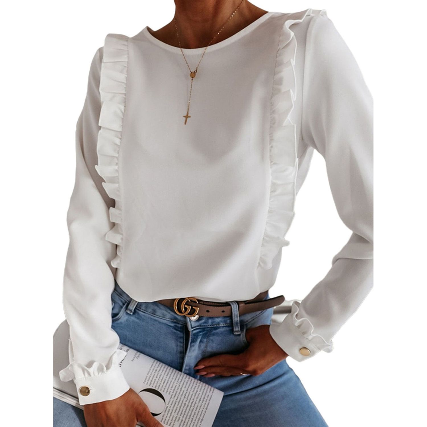 Female Shirt, Solid Color Round Neck Long Sleeve Blouse Tops for Women, White/Black/Pink