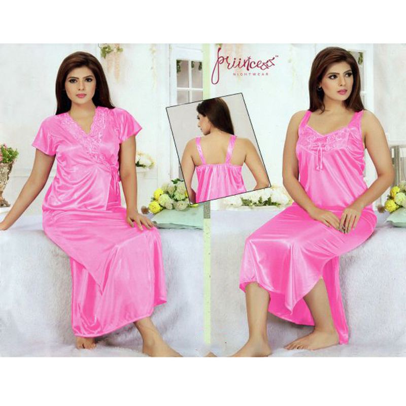 Two Part Satin Silk Night Dress, Sleeveless, Nightgown, Nightwear For Women's By Growly