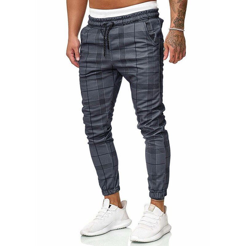 Mens Plaid Pants Joggers Long Trousers Man Streetwear Vintage Drawstring Pencil Trousers Male Fashion Slim Straight Harem Pants