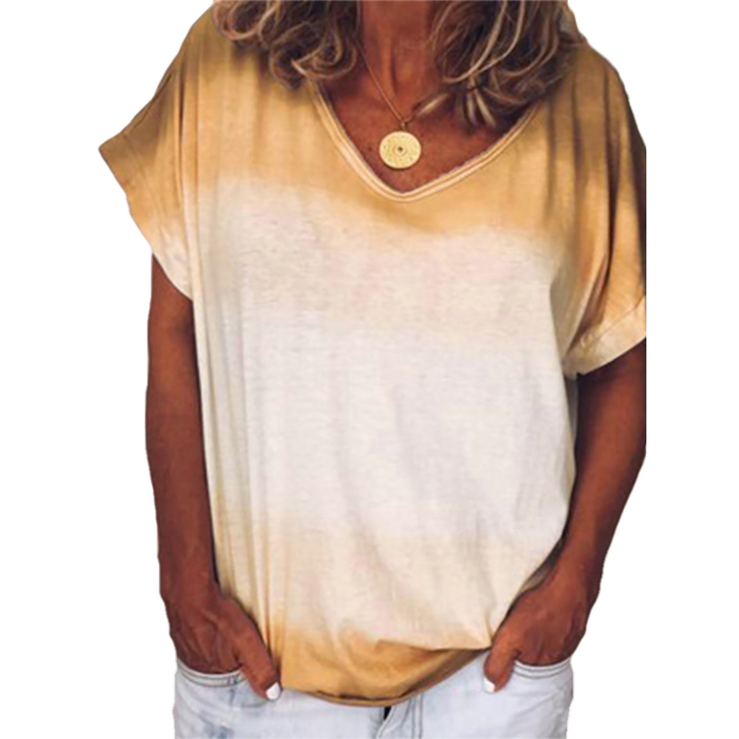 New Casual Cozy T-Shirt Loose V-Neck Gradient Short Sleeve Tunic Pullover Wild Fashion Top Clothes