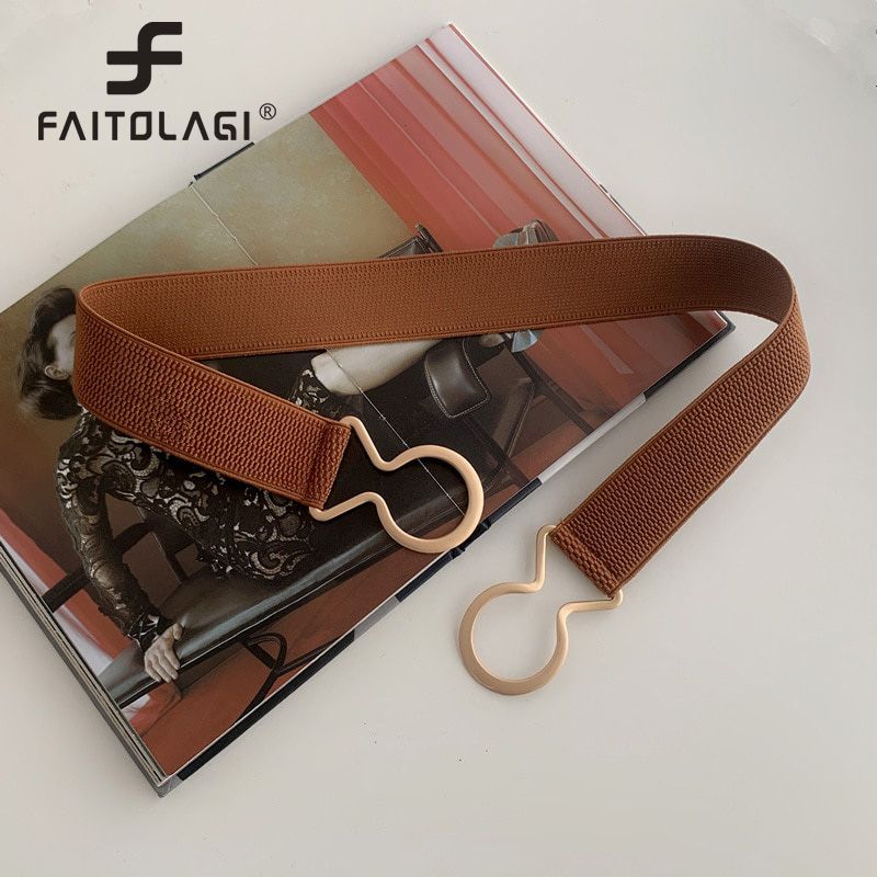 Simple Belts for Women Elastic Waistband Gold Round Buckle Decoration Belt Coat Sweater Dress Party Accessories