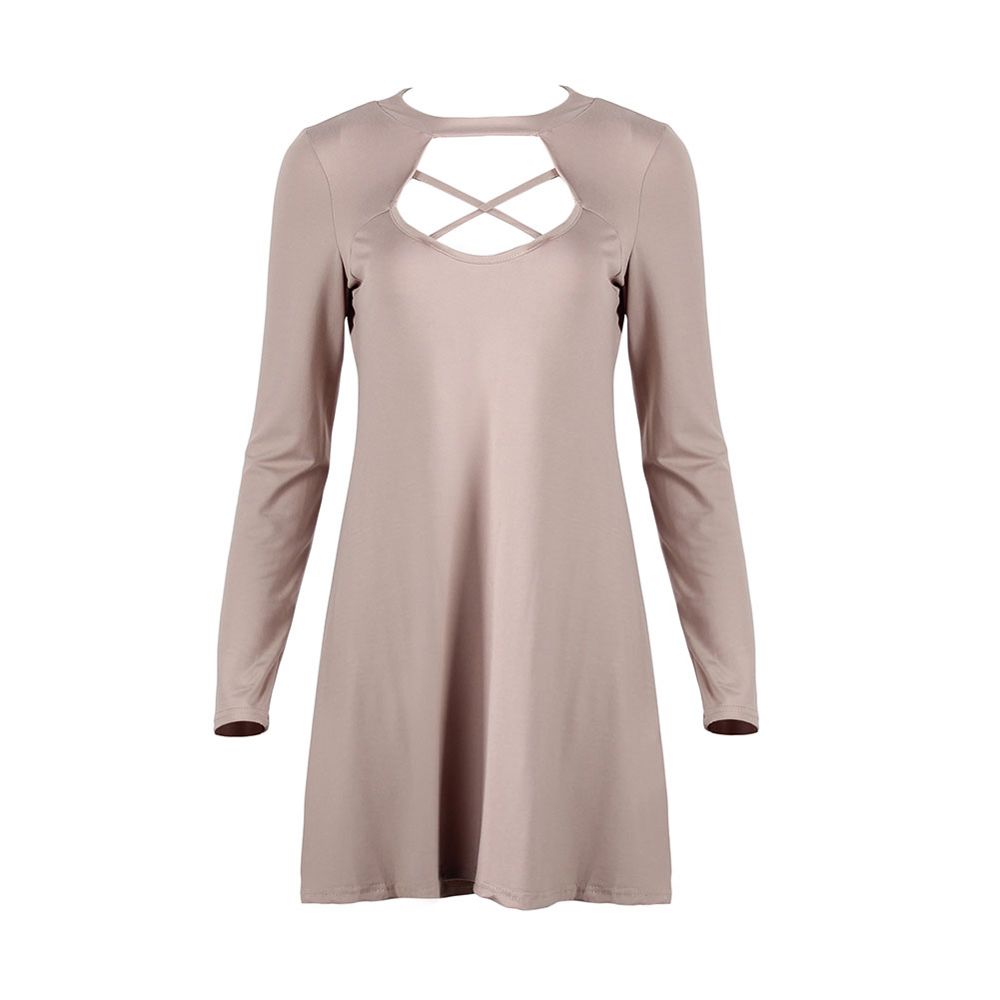 Dress Long Sleeve Hollow Out Chest Cross Backless Solid Color Sexy Women's Clothing A-line  Dress