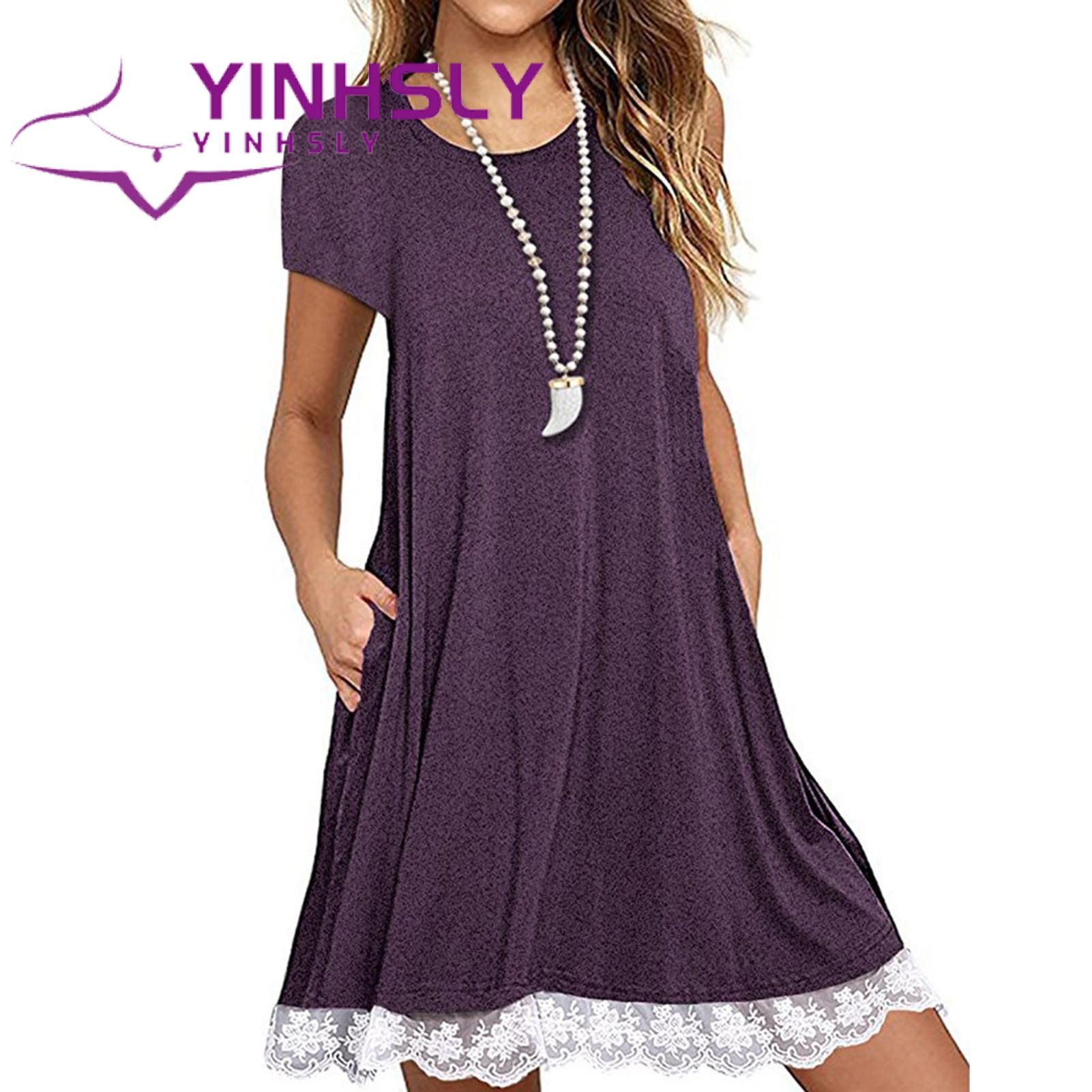 Summer Dress Solid Color Short Sleeve Round Neck Beh Dress