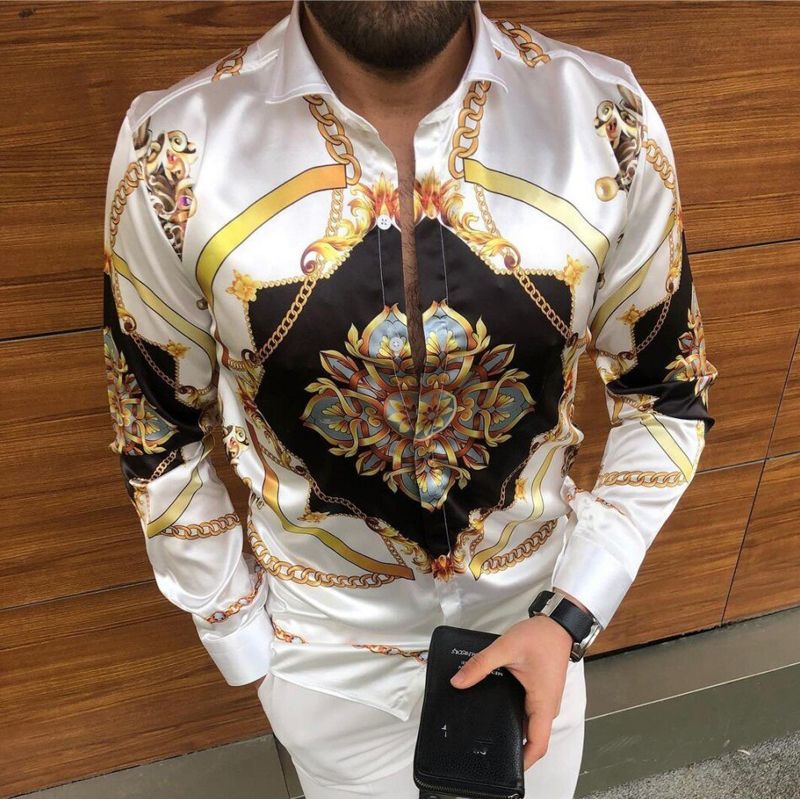 Luxury Golden Men Autumn Long Sleeved Shirt Male Print shirt Turn-Down Collar Button Down Casual Blouse U.S Plus Size Tops